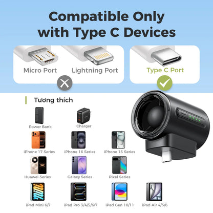 Ultra-Powerful Type-C Plug-in Fan, 17,000 RPM High Speed, Compatible with iPhone, iPad, Power Bank & Tablets.