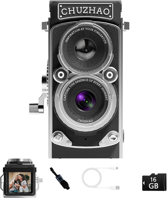 Vintage Mini Digital Camera,Portable TLR Style Retro Point and Shoot Compact Small Pocket 1080P FHD Video 12MP Autofocus Vlogging Camera with 16 GB Card