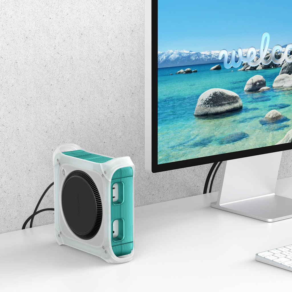 Retro stand styled on a desk next to a monitor