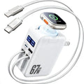 67W GaN 5-in-1 retractable wall charger, white, Type-C + Type-C - Apple Watch on the flip-up pad, smart display showing wattage