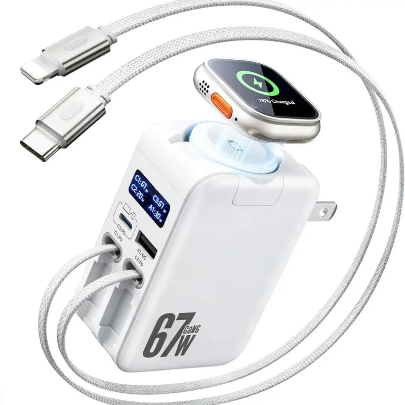 67W GaN 5-in-1 retractable wall charger, white, Type-C + Lightning - Apple Watch on the flip-up pad, smart display showing wattage