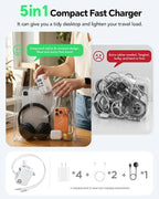 5-in-1 compact fast charger - one block replaces a bag of cables