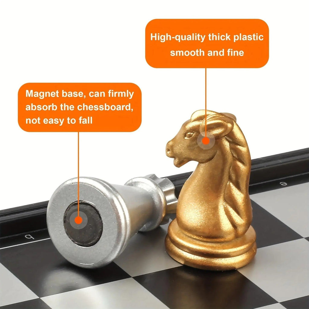 Gold knight chess piece close-up — magnetic base grips the board