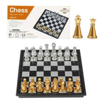 Mini magnetic chess set retail box and full board with gold and silver pieces