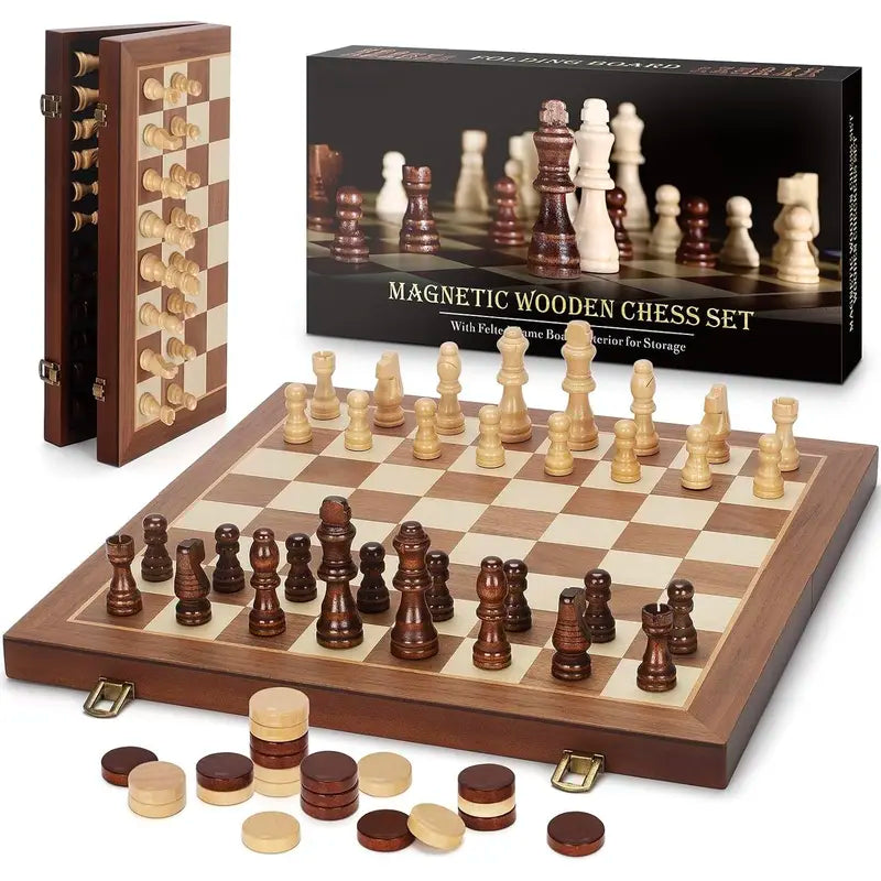 Magnetic wooden chess and checkers set, open board with pieces, checkers and gift box