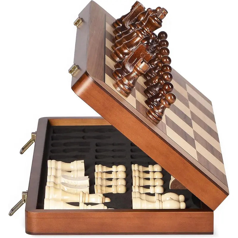 Half-open folding wooden chess box with pieces stored in slots