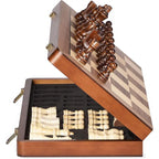 Half-open folding wooden chess box with pieces stored in slots
