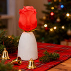 Red blooming rose lamp by a Christmas tree