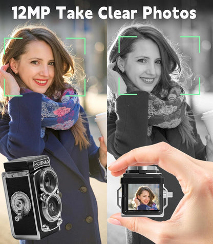 Vintage Mini Digital Camera,Portable TLR Style Retro Point and Shoot Compact Small Pocket 1080P FHD Video 12MP Autofocus Vlogging Camera with 16 GB Card