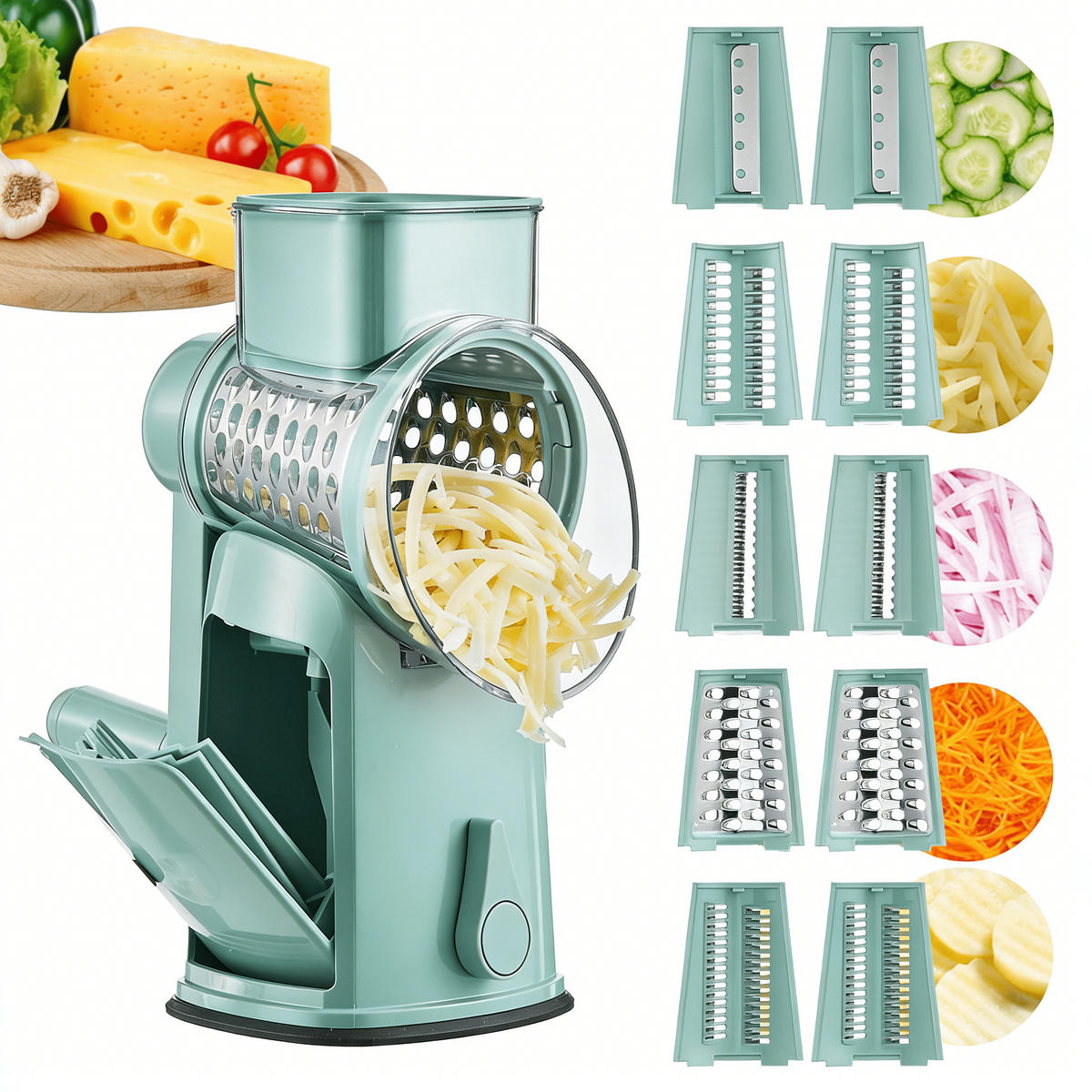 Rotary cheese grater shredding cheese with interchangeable blades