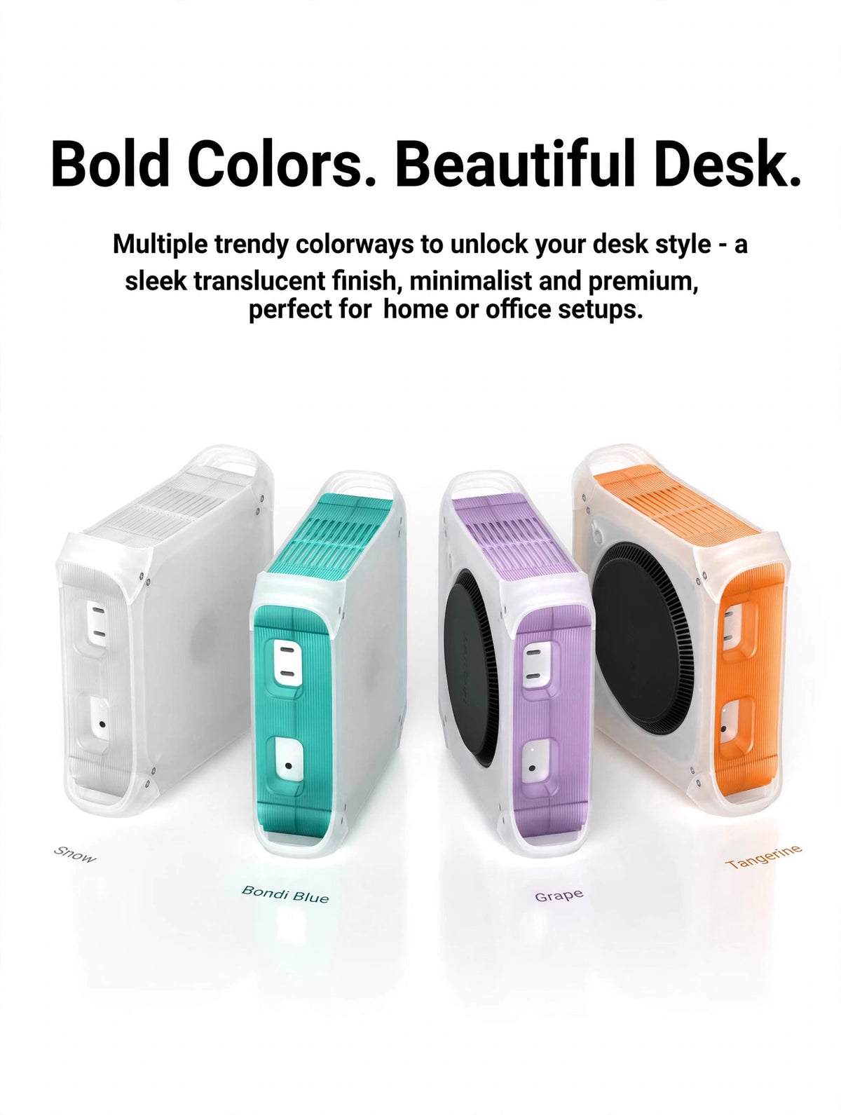 Bold Colors. Beautiful Desk. - four iMac G3 colors