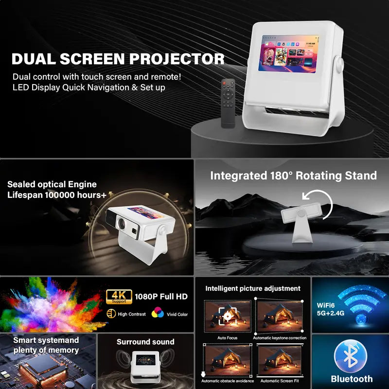 Smart Touch Screen Projector: Portable 4K Home Theater with Android OS, WiFi & Bluetooth