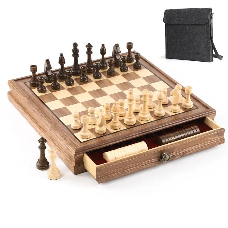 Black walnut magnetic chess board with Staunton pieces set up and storage drawer open