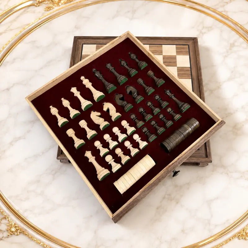 Walnut chess board open showing red-lined interior with pieces stored