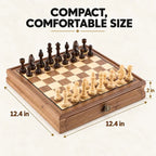 Compact walnut chess board with magnetic pieces, 12.4 by 12.4 inches