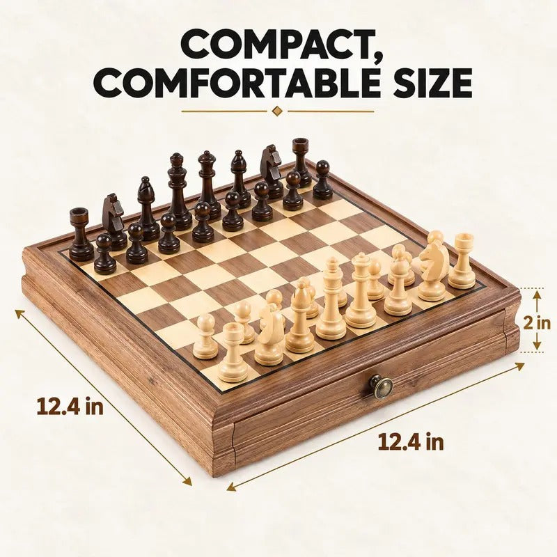 Compact walnut chess board with magnetic pieces, 12.4 by 12.4 inches