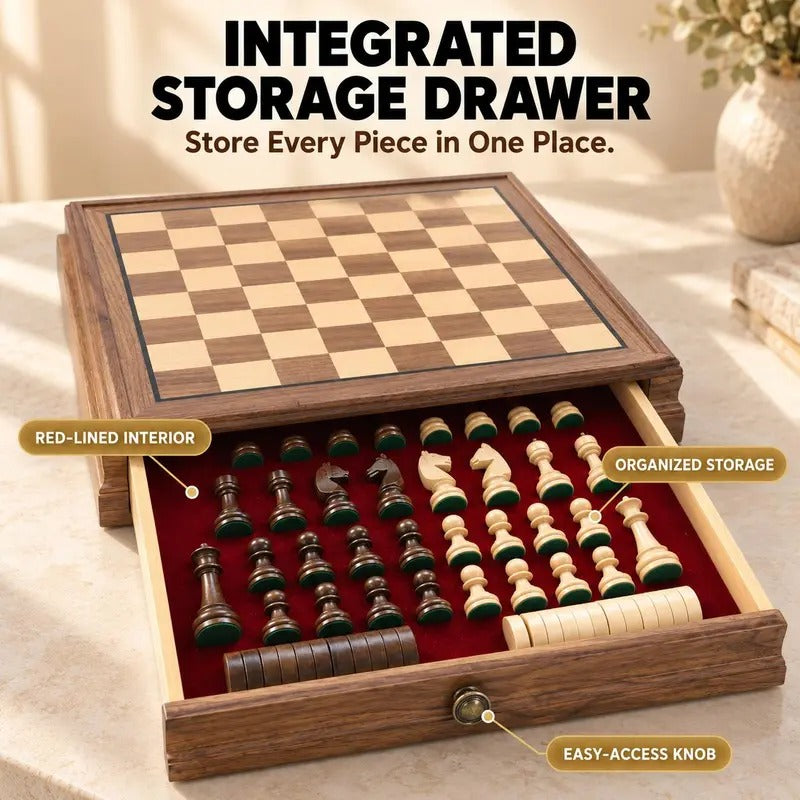 Integrated storage drawer with red-lined interior and organized pieces