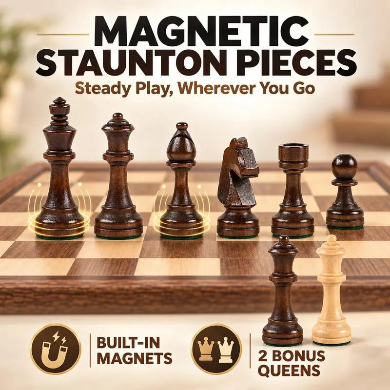Magnetic Staunton chess pieces with built-in magnets and 2 bonus queens
