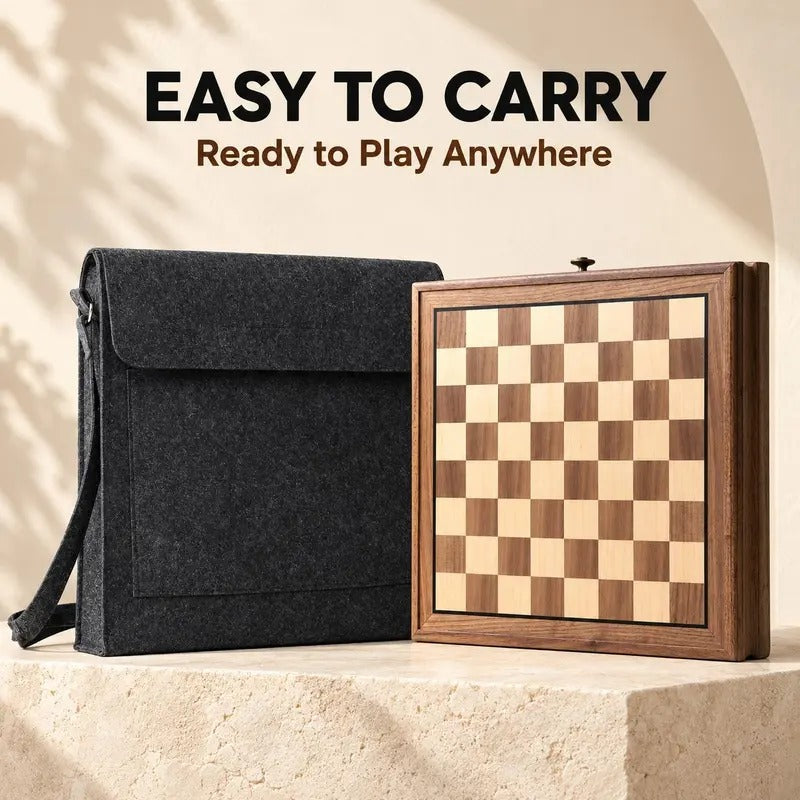 Walnut chess board with carrying bag, easy to carry